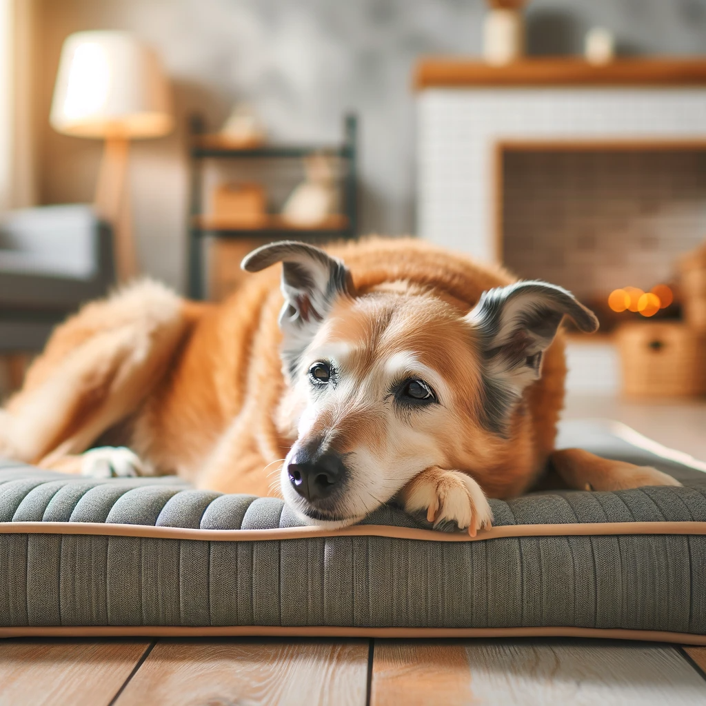 showcasing a serene and comfortable looking older dog resting peacefully on an orthopedic bed.