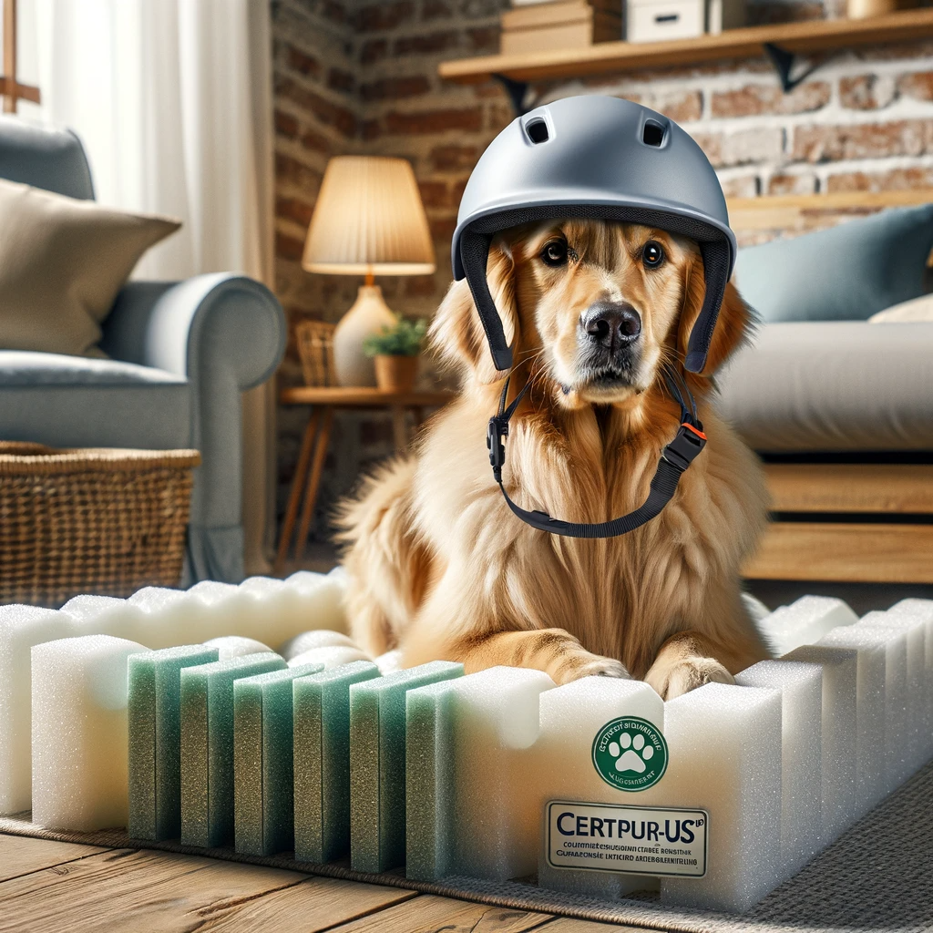 Hyper-realistic image of a dog wearing a safety helmet, sitting next to a dog bed with foam inserts visible