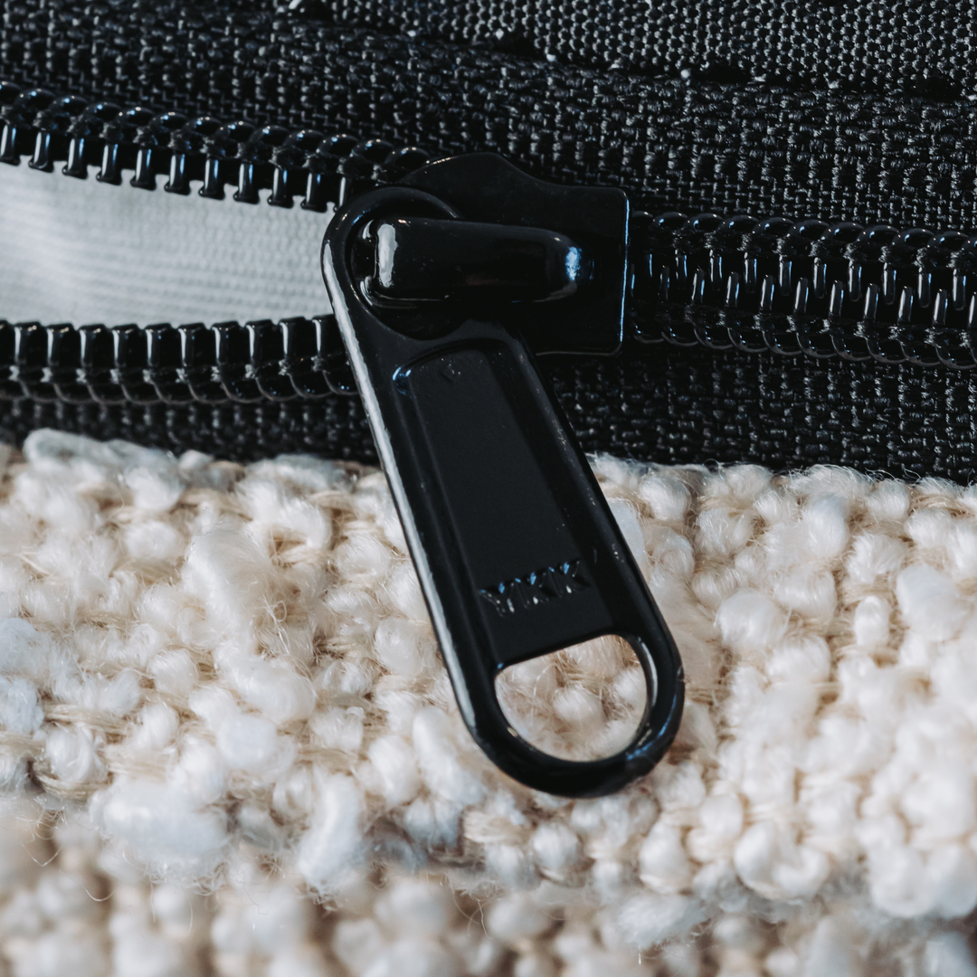 The worlds best Japanese YKK zippers on a luxury Boucle orthopedic snupz dog bed